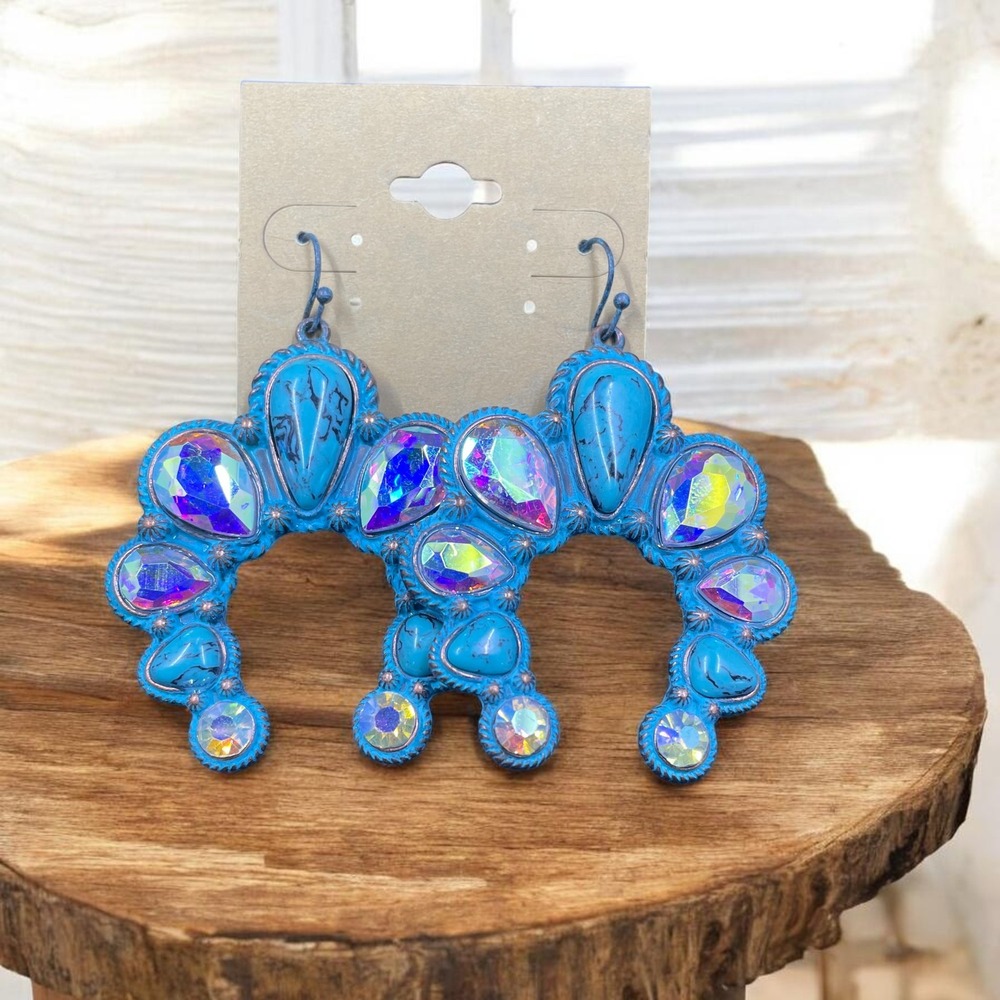Turquoise‎ Crescent Earrings Iridescent Rhinestone Western Boho Statement Glam